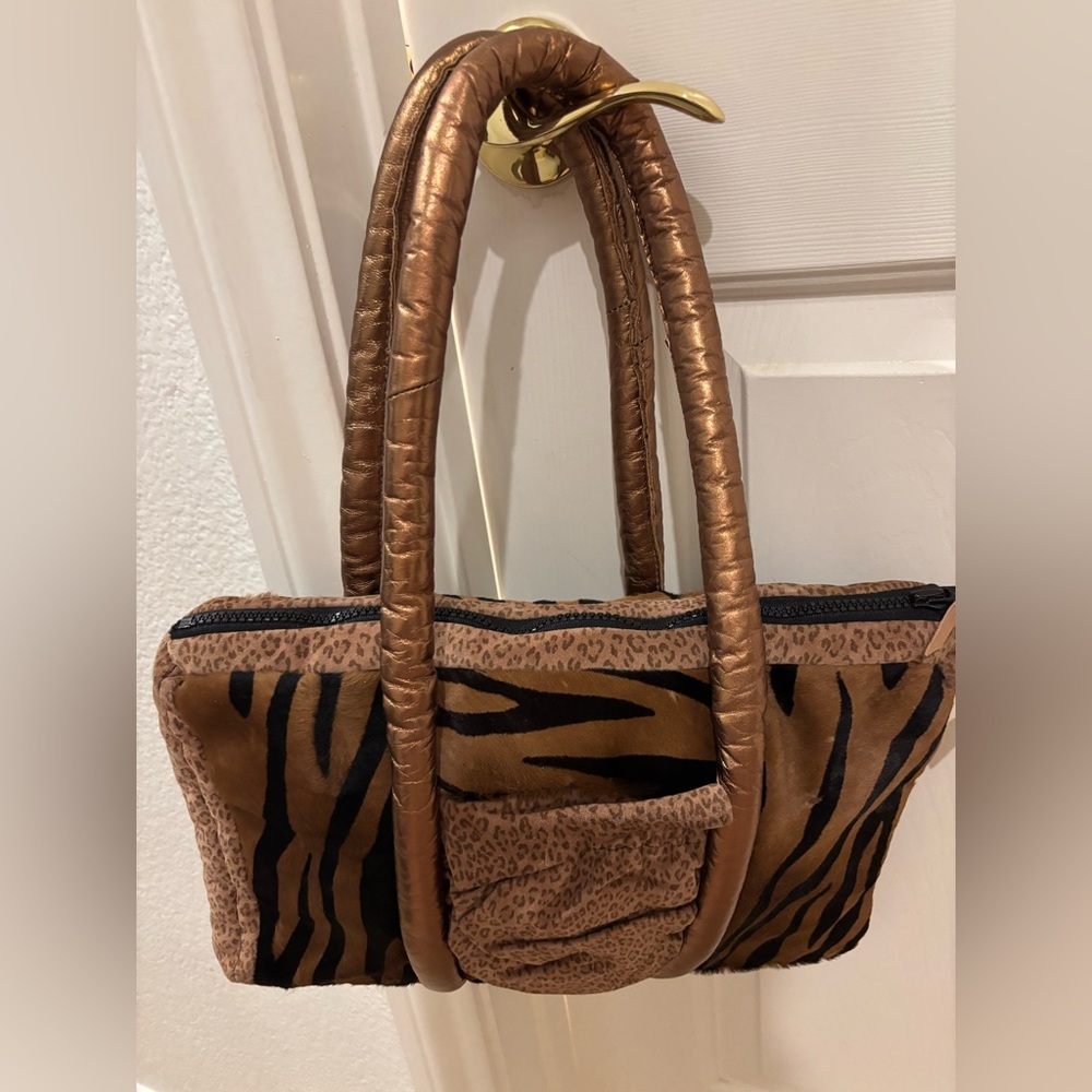 Vintage 80s Designer Rose Aronin for Roseeni copper leather, animal print, purse